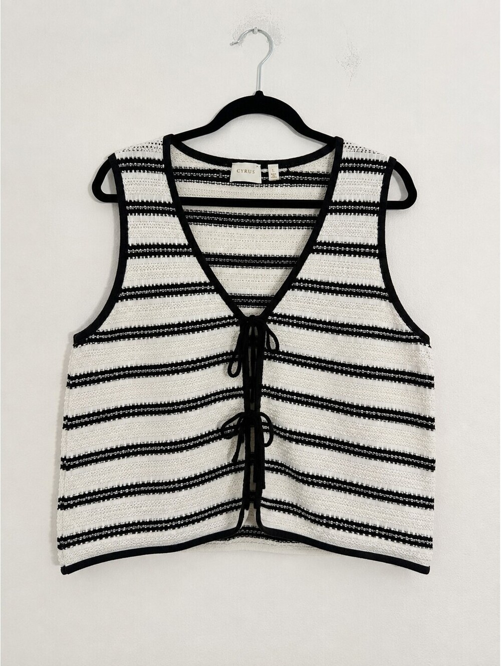 Cyrus Striped Tie Front Crochet Knit Sweater Vest Black White Size L